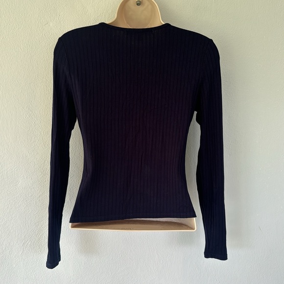 One Clothing navy blue lace up neckline long sleeve ribbed knit top size small - Picture 7 of 11